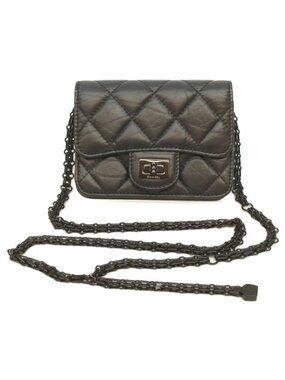 Chanel 2.55 Soavy Black Vintage Calf Card Case Chain Mini